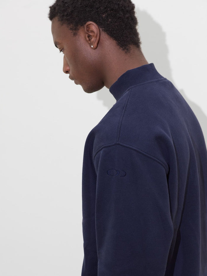 profile of man wearing navy mock neck sweatshirt one dna