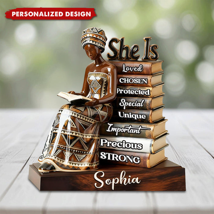 Custom She Is Affirmation Plaque, Personalized Black Girl Reading Books Plaque