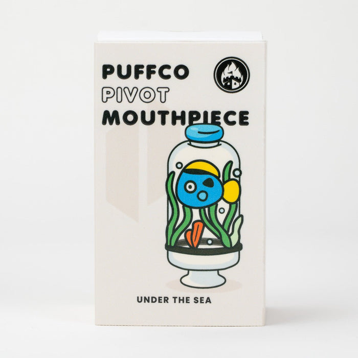 Front view of the packaging for the Under the Sea Puffco Pivot mouthpiece with ocean-inspired glass details