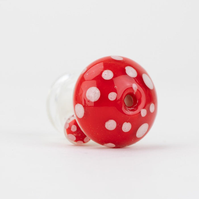 Top view of the red mushroom Puffco Pivot glass mouthpiece