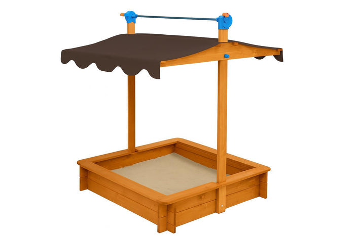 Felix Sandbox With Adjustable Roof wooden sandbox with brown canopy, safety crank handle, child playing inside, sun and rain protection canopy