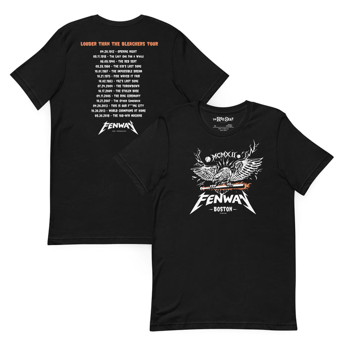 Black unisex t-shirt shown front and back: front features a heavy metal-style graphic of a screaming eagle gripping a flaming baseball bat with "FENWAY" in Metallica-inspired lettering and "MCMXII" in Roman numerals; back reads "Louder Than the Bleachers Tour" in orange distressed lettering with 15 significant Red Sox dates listed in tour date format from Opening Night 1912 through the 108-Win Machine in 2018 — The Red Seat original design