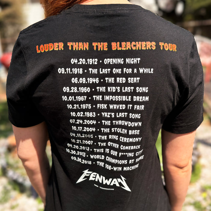 woman wearing Back of black t-shirt reading "Louder Than the Bleachers Tour" in orange distressed lettering, with 15 significant Red Sox dates and events listed in tour date format, including Opening Night 1912 through the 108-Win Machine in 2018, with "FENWAY" logo at the bottom