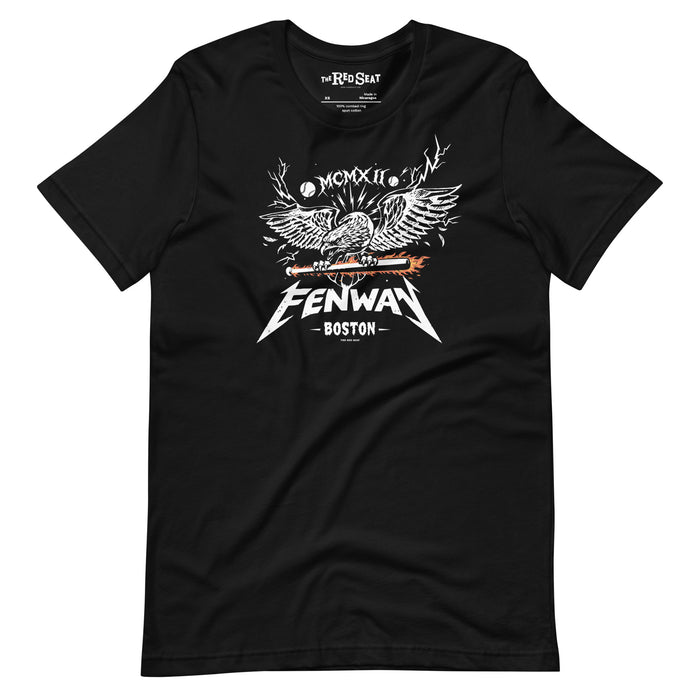 Black unisex t-shirt featuring a heavy metal-style graphic of a screaming eagle with spread wings gripping a flaming baseball bat, with the word "FENWAY" in Metallica-inspired lettering, "BOSTON" below, and "MCMXII" in Roman numerals above — The Red Seat original design