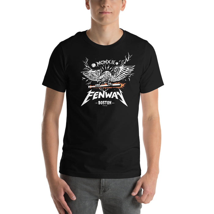 man wearing Black unisex t-shirt featuring a heavy metal-style graphic of a screaming eagle with spread wings gripping a flaming baseball bat, with the word "FENWAY" in Metallica-inspired lettering, "BOSTON" below, and "MCMXII" in Roman numerals above — The Red Seat original design