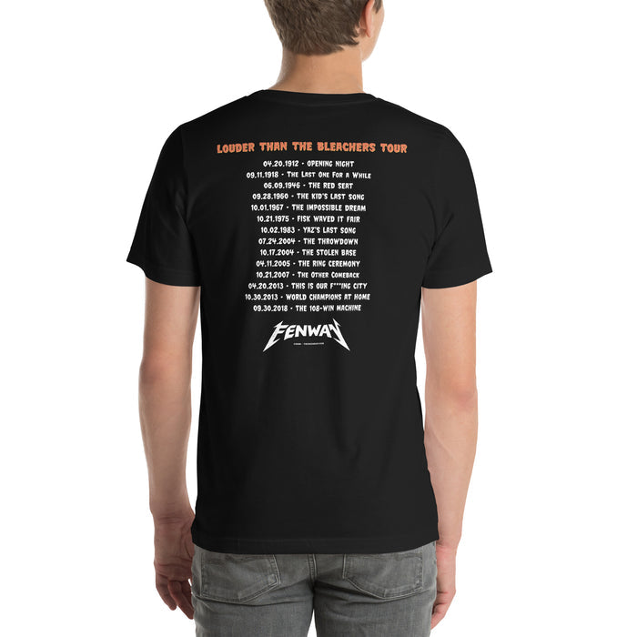 man wearing Back of black t-shirt reading "Louder Than the Bleachers Tour" in orange distressed lettering, with 15 significant Red Sox dates and events listed in tour date format, including Opening Night 1912 through the 108-Win Machine in 2018, with "FENWAY" logo at the bottom