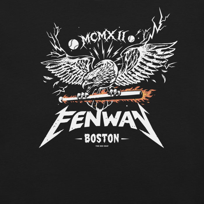 Black design featuring a heavy metal-style graphic of a screaming eagle with spread wings gripping a flaming baseball bat, with the word "FENWAY" in Metallica-inspired lettering, "BOSTON" below, and "MCMXII" in Roman numerals above — The Red Seat original design