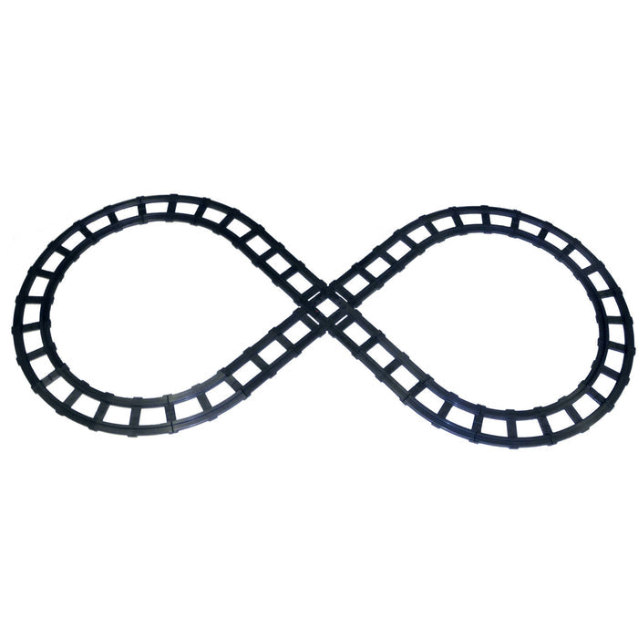 Overhead view of charcoal-colored figure 8 train track set with curved, straight, and intersection pieces