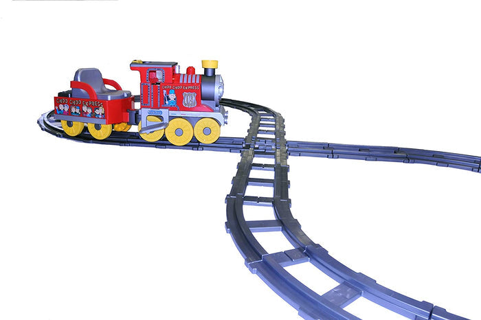 Red and yellow children's ride-on train on charcoal figure 8 track with curved, straight, and intersection pieces