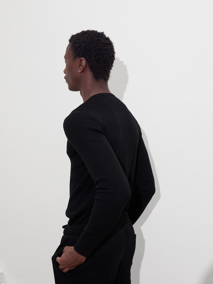 Fitted Rib-Knit Henley in Black
