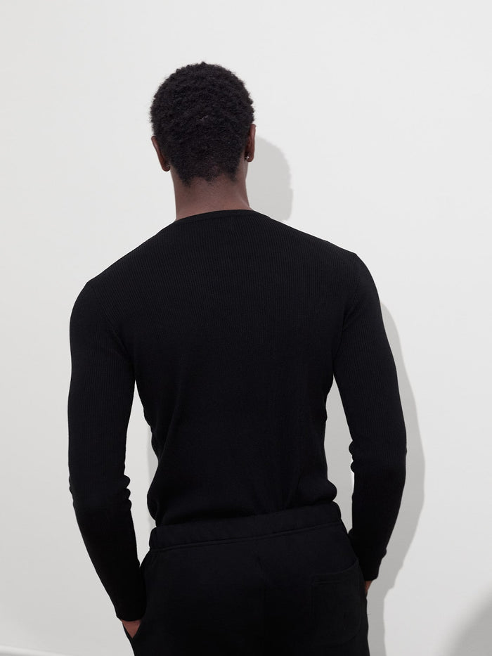 Fitted Rib-Knit Henley in Black