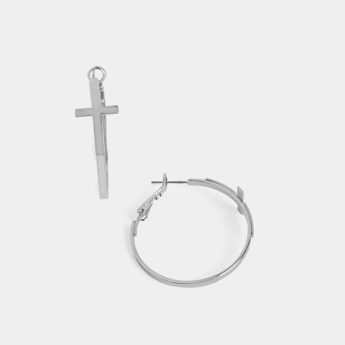 Whispers Hoop Cross Earrings - Silver
