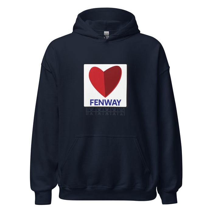 Navy unisex hoodie with the boston fenway citgo sign in the shape of a heart