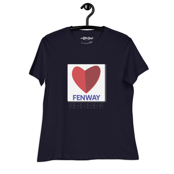 navy blue women's t-shirt with the boston fenway citgo sign in the shape of a heart