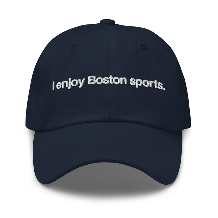 navy baseball cap with "i enjoy boston sports" embroidered in white helvetica font