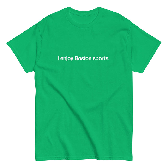 photo of a green unisex t-shirt with the words i enjoy boston sports in white text