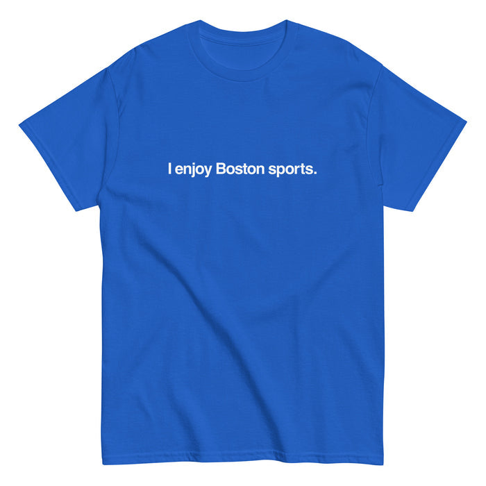 photo of a royal blue unisex t-shirt with the words i enjoy boston sports in white text