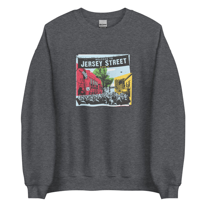 photo of dark grey unisex crewneck sweatshirt with boston red sox fenway park jersey street gate a design with blocks of color