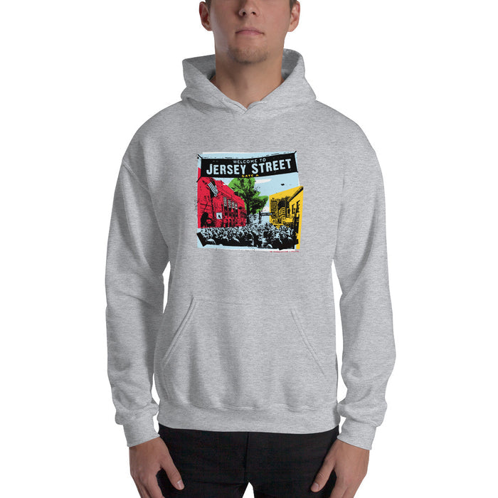 photo of man wearing light grey unisex hoodie sweatshirt with boston red sox fenway park jersey street gate a design with blocks of color