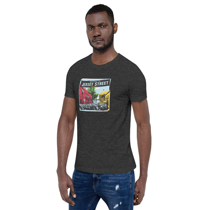 photo of man wearing dark grey t-shirt with boston red sox fenway park jersey street gate a design with blocks of color