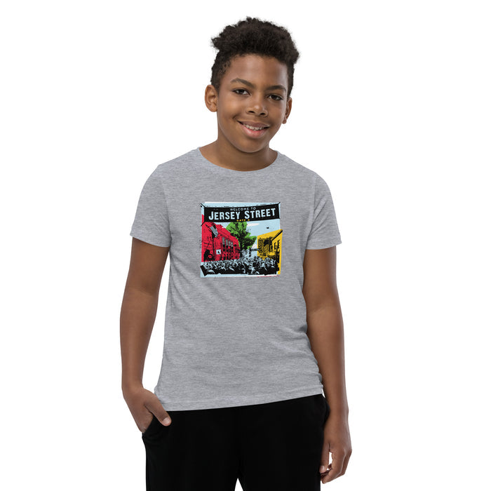 photo of boy wearing light grey t-shirt with boston red sox fenway park jersey street gate a design with blocks of color