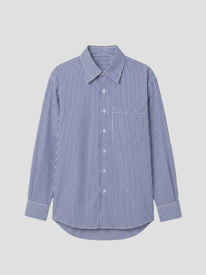 Long-Sleeve Button-Up Shirt in Blue & White Stripe - 100% Cotton