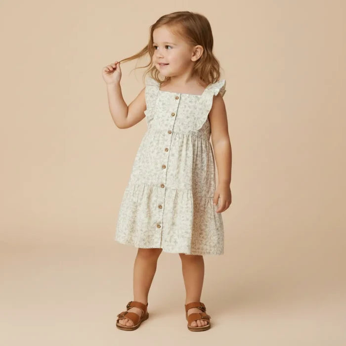 Makemake Organics Flutter Buttoned Tiered Dress - Bluebelle