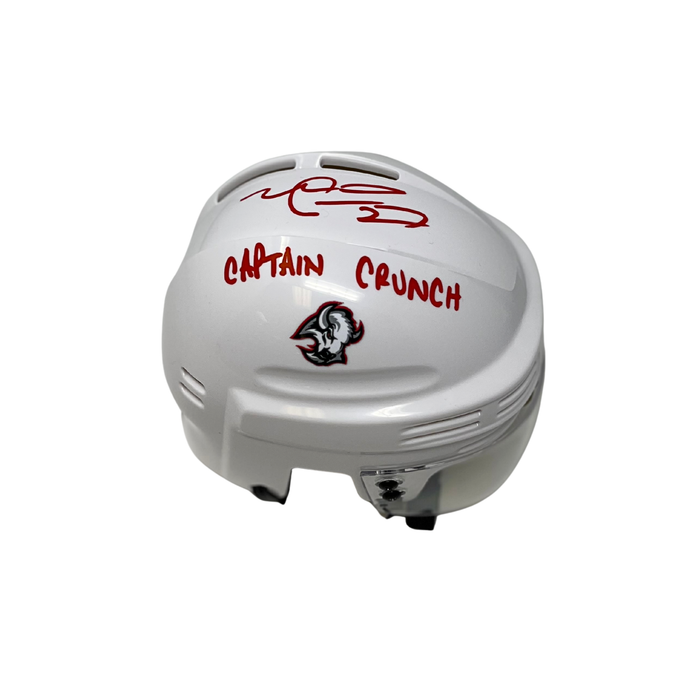 Michael Peca Signed Buffalo Sabres White Goathead Hockey Mini Helmet with "Captain Crunch"