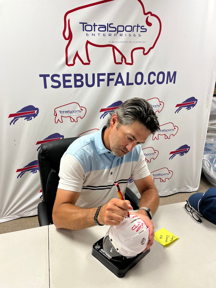 Michael Peca Signed Buffalo Sabres White Goathead Hockey Mini Helmet with "Captain Crunch"