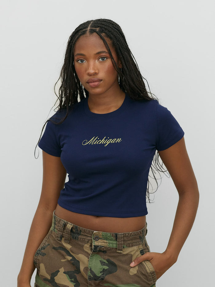 Michigan Script Baby T in Navy/Yellow