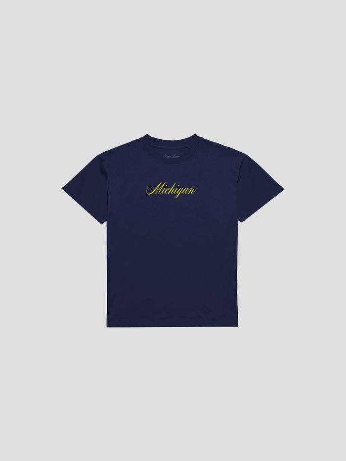 one dna michigan script baby t in navy on gray background