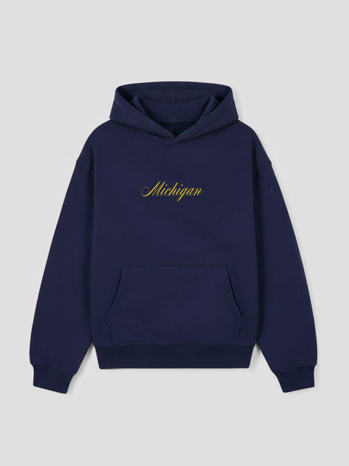 Michigan Script Hoodie in Navy - Pre-Order All Sizes