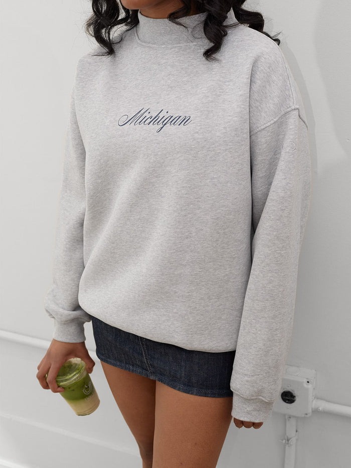 Michigan Script Mock Neck Sweatshirt in Heather Gray