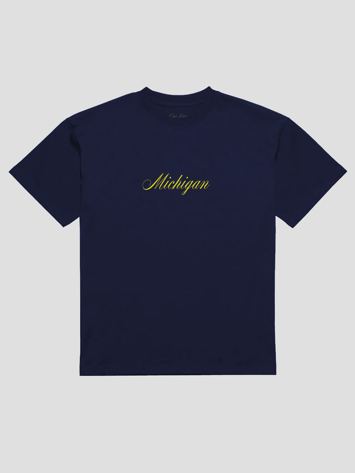 one dna michigan script t-shirt in navy on gray background