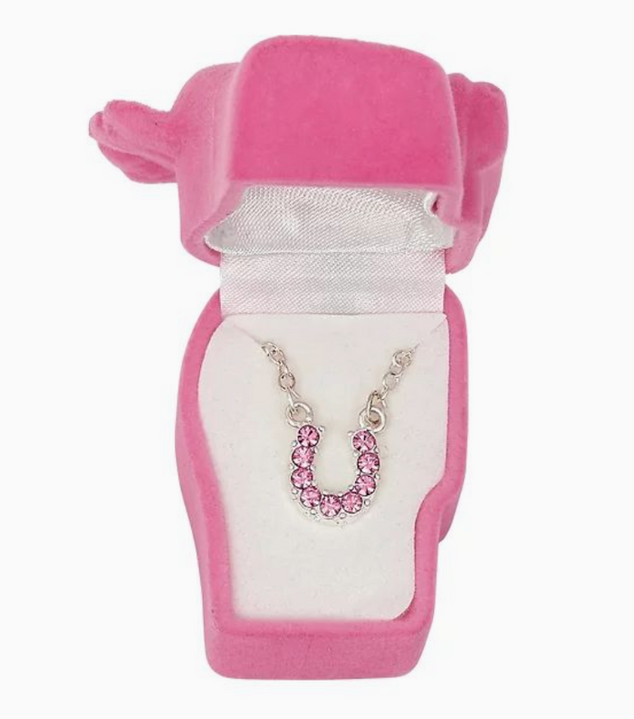 Pink Rhinestone Horseshoe Necklace W/Horse Head Gift Box
