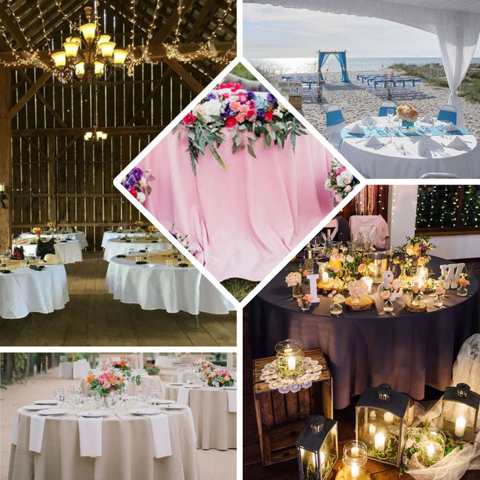 Elegant wedding table setups with floral arrangements and decor.