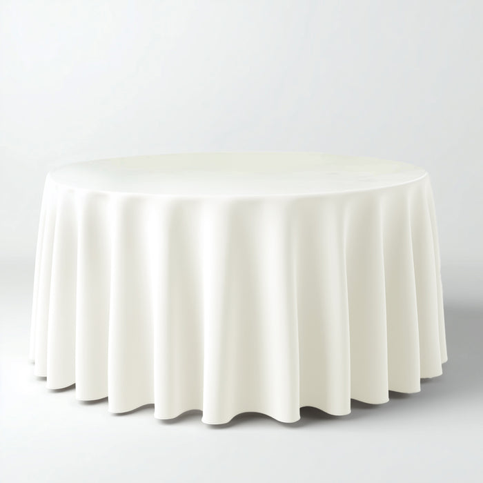 White round table with a draped tablecloth