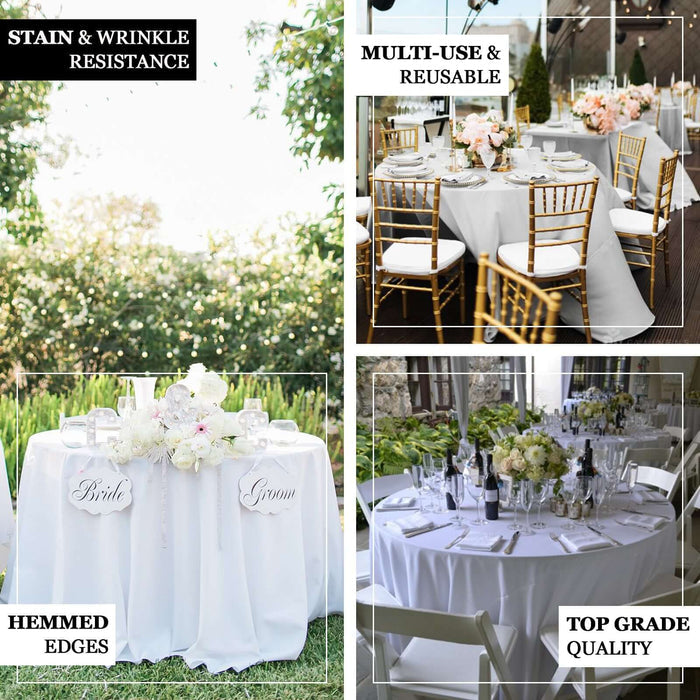 Elegant white tablecloths for weddings, showcasing quality and versatility.