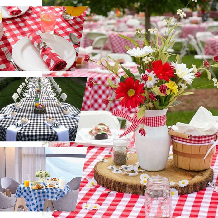 Colorful picnic table setting with checkered tablecloths and floral arrangements.