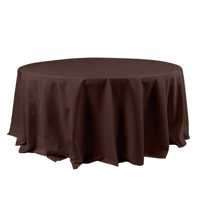 Round brown tablecloth with elegant draping.