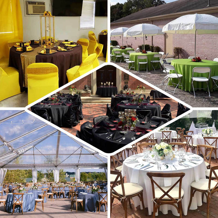 Elegant event setups featuring diverse table settings and decor in various colors.