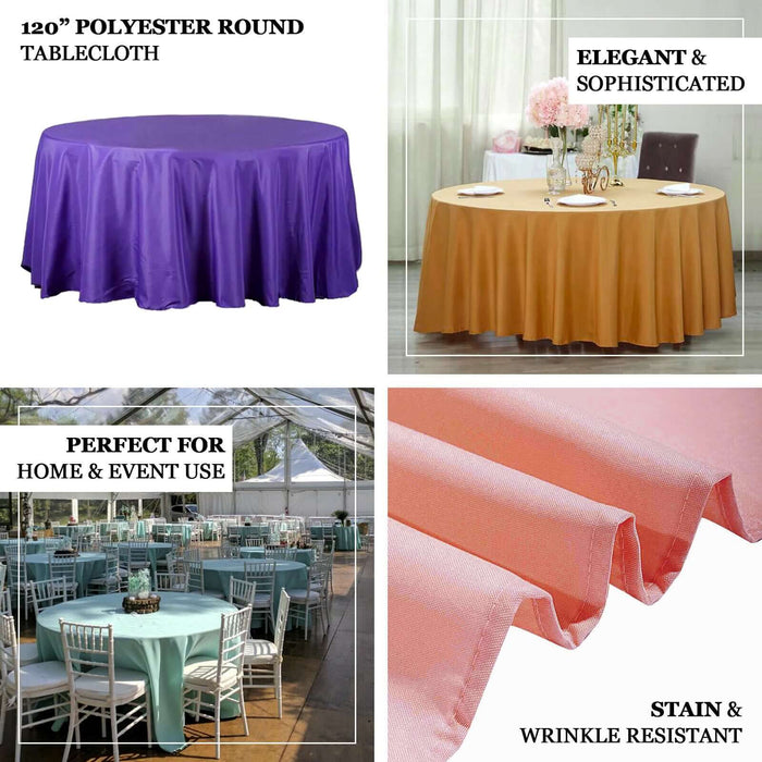 120” polyester round tablecloth in purple, gold, and coral for elegant events.
