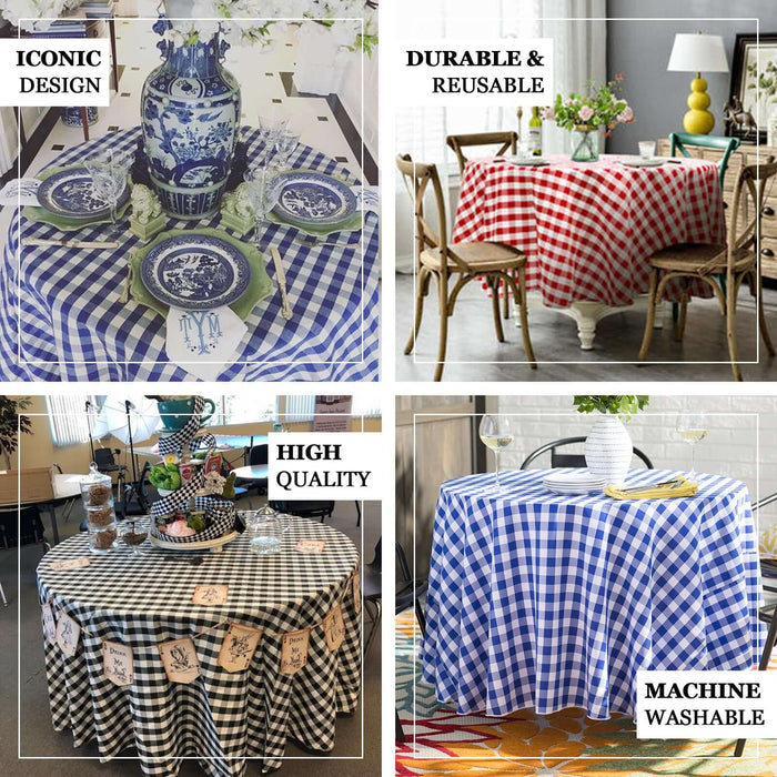 Assorted checkered tablecloths in various colors and styles for dining decor.