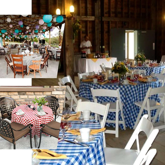 Decorated event space with colorful table settings and checkered tablecloths.