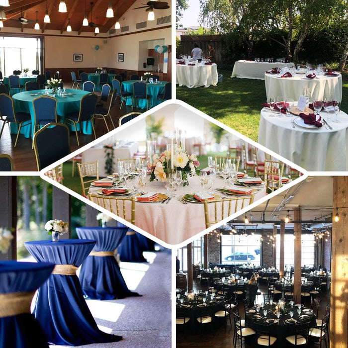 Event table settings with decorations in various venues.