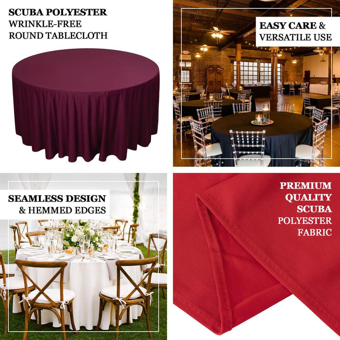 Scuba polyester round tablecloth in burgundy color, wrinkle-free and versatile.