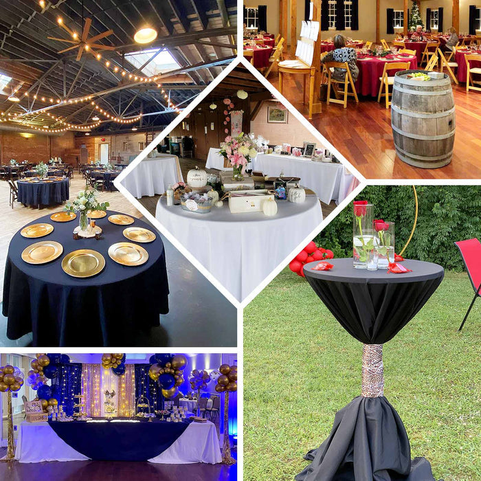 Elegant event table setups with decor and centerpieces in various settings.
