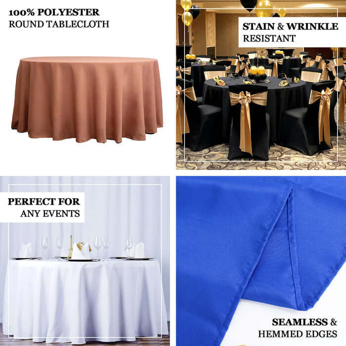 Polyester round tablecloth, stain and wrinkle resistant, perfect for any event.