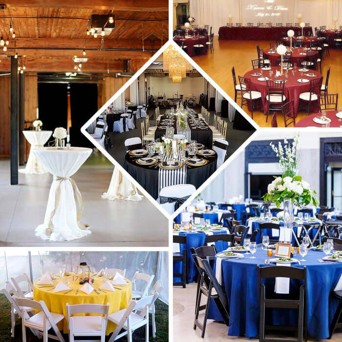 Collage of elegantly decorated dining tables for events and weddings.