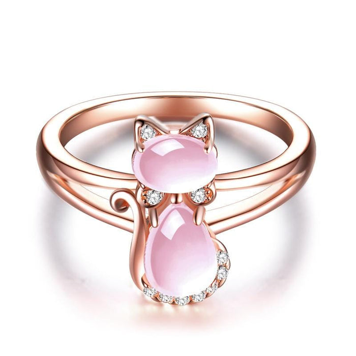 Ring - Women's CZ Ross Quartz Crystal Pink Opal Cat Ring